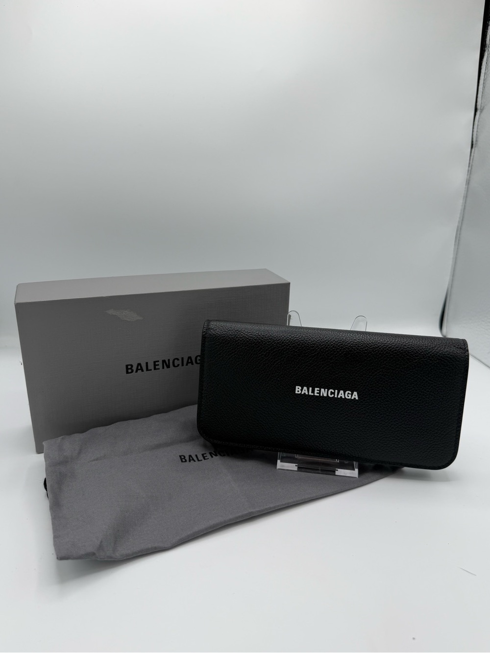 Balenciaga Black Pebbled Leather Long Wallet with White Logo